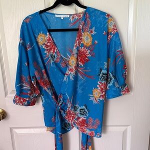 Blue Wrap Blouse with Flutter Sleeves